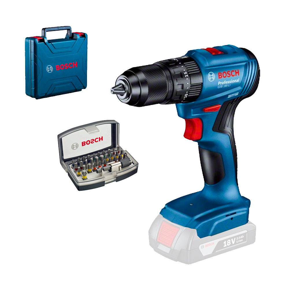 BOSCH GSB 185-LI (SOLO) Masina de gaurit cu percutie brushless Li-Ion, 50Nm + Valiza + Caseta 31 biti cu adaptor, fara acumulato
