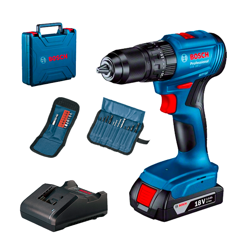 BOSCH GSB 185-LI Masina de gaurit cu percutie brushless cu 1 acumulator Li-Ion, 2Ah, 50Nm + Valiza + Accesorii