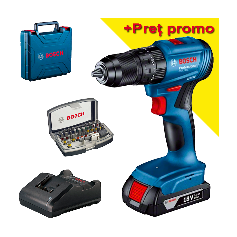 BOSCH GSB 185-LI Masina de gaurit cu percutie brushless cu 1 acumulator Li-Ion, 2Ah, 50Nm + Valiza + Caseta 31 biti cu adaptor