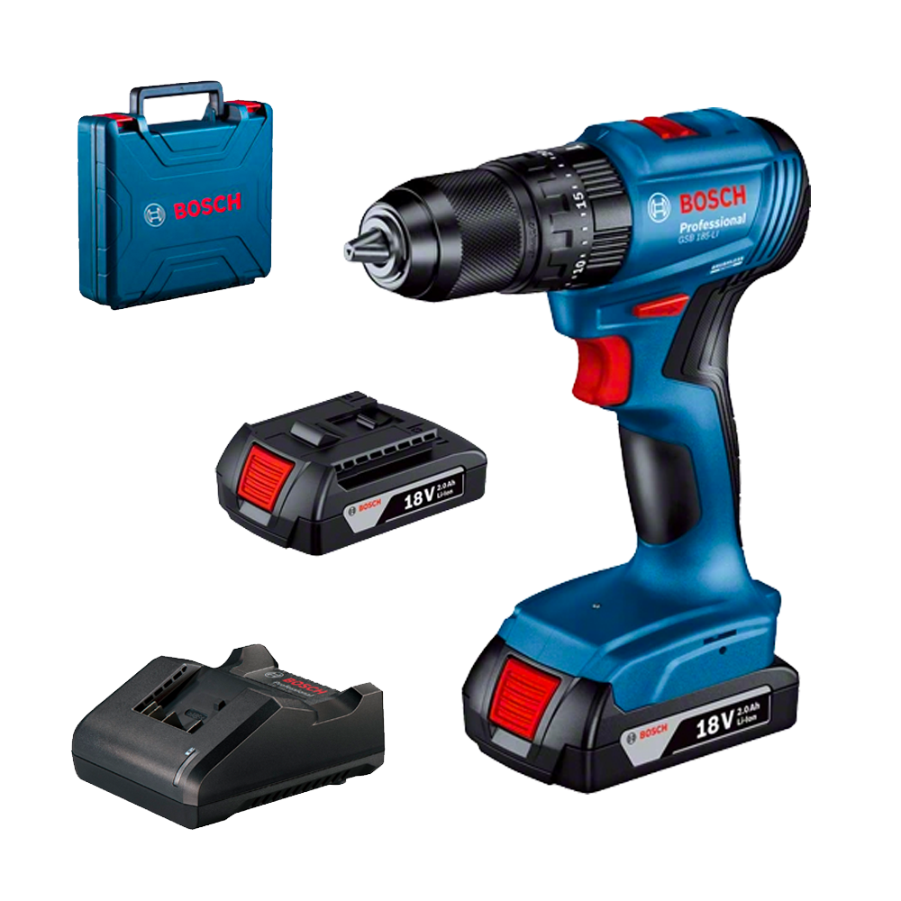 BOSCH GSB 185-LI Masina de gaurit cu percutie brushless cu 2 acumulatori Li-Ion, 2Ah, 50Nm + Valiza