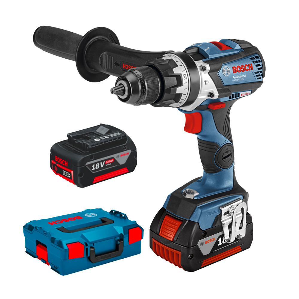 Bosch GSB 18V-110 C Masina de gaurit cu percutie + 2xAcumulatori GBA 18V, 5.0Ah + Incarcator rapid GAL 18V-40 Professional + L-B