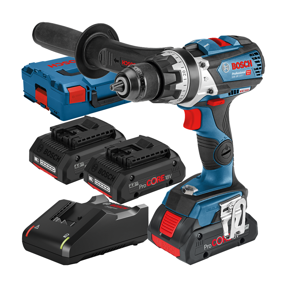 BOSCH GSB 18V-110 C Masina de gaurit cu percutie brushless cu 3 acumulatori Li-Ion, 4Ah ProCore, 110Nm + L-BOXX