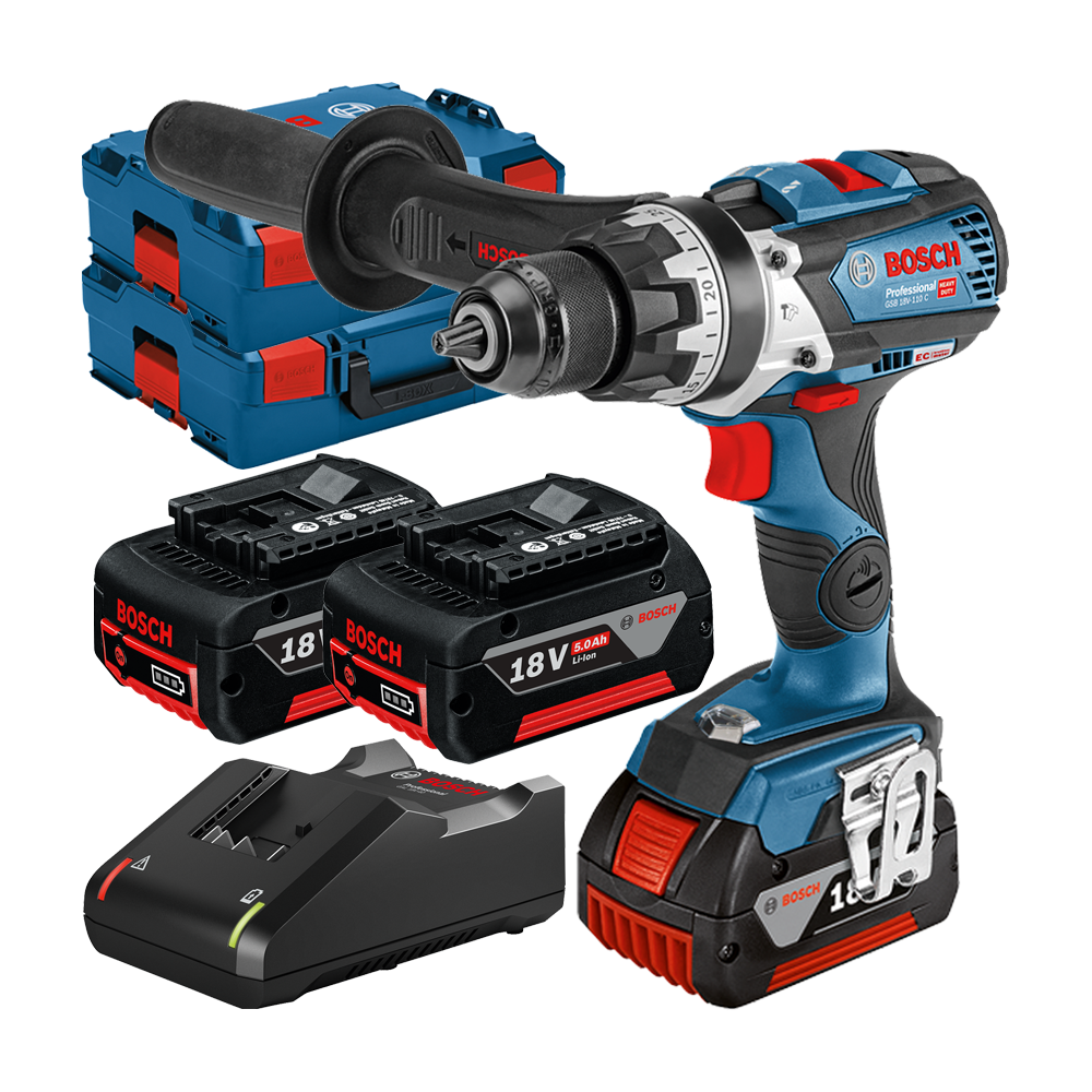 BOSCH GSB 18V-110 C Masina de gaurit cu percutie brushless Li-Ion, 110Nm + L-BOXX +  Set 3 acumulatori Li-Ion, 18V, 5Ah + Incarc
