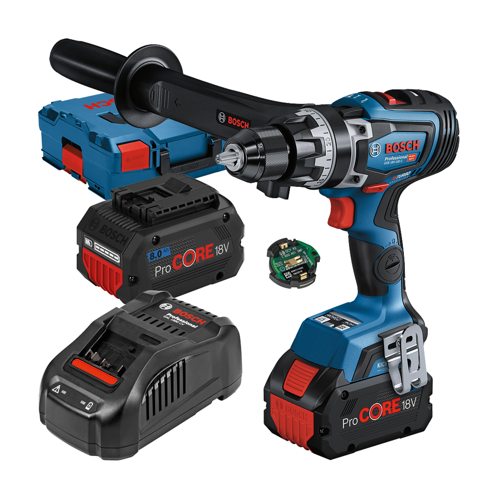 BOSCH GSB 18V-150 C Masina de gaurit cu percutie brushless cu 2 acumulatori Li-Ion, 8Ah, 150Nm + L-BOXX