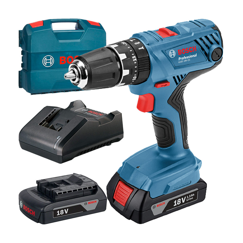 BOSCH GSB 18V-21 Masina de gaurit cu percutie brushless cu 2 acumulatori Li-Ion, 2Ah, 50Nm + Valiza
