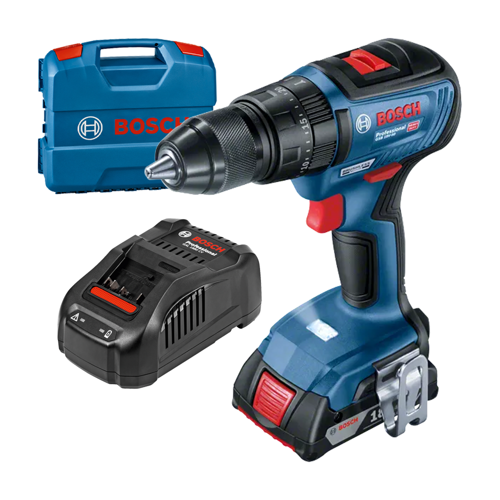 BOSCH GSB 18V-50 Masina de gaurit cu percutie brushless cu 1 acumulator Li-Ion 2Ah, 50Nm, cu incarcator rapid de 8Ah GAL1880CV +