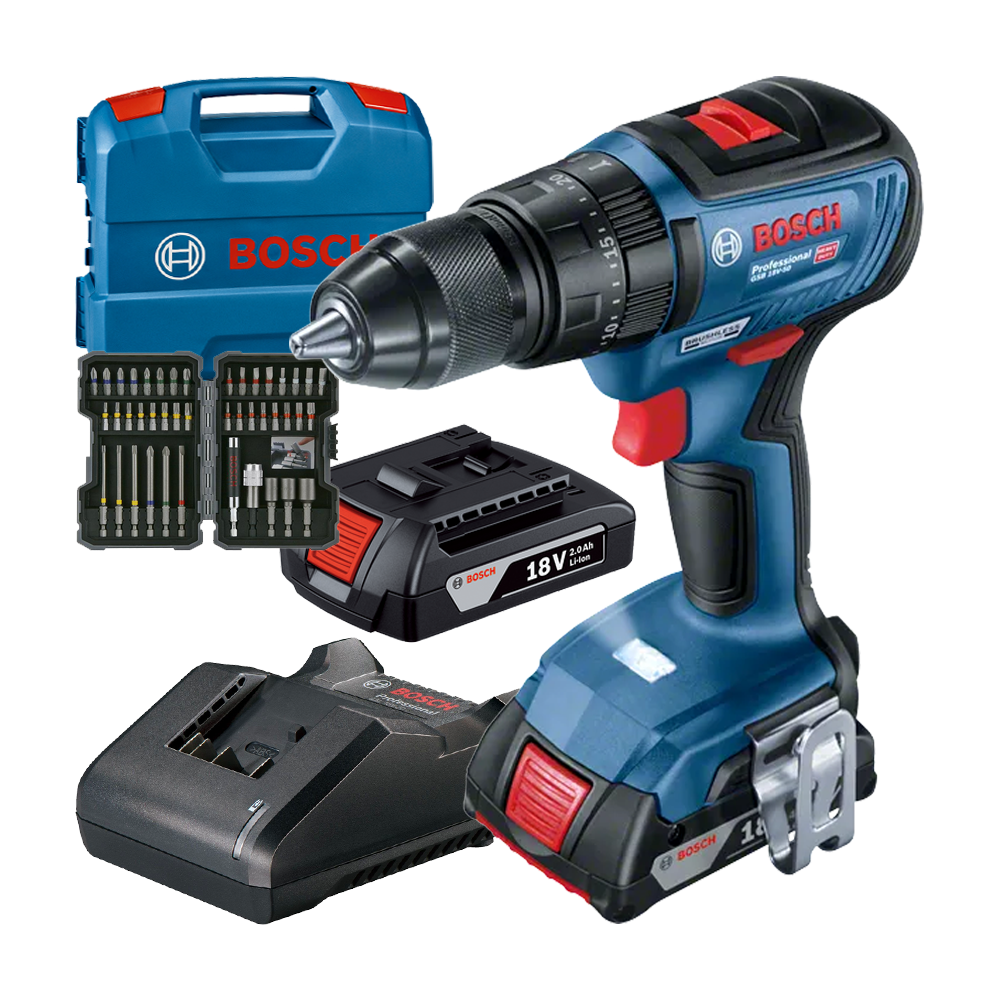 BOSCH GSB 18V-50 Masina de gaurit cu percutie brushless cu 2 acumulatori Li-Ion, 2Ah, 50Nm, cu incarcator de 2Ah GAL18V-20 + Val