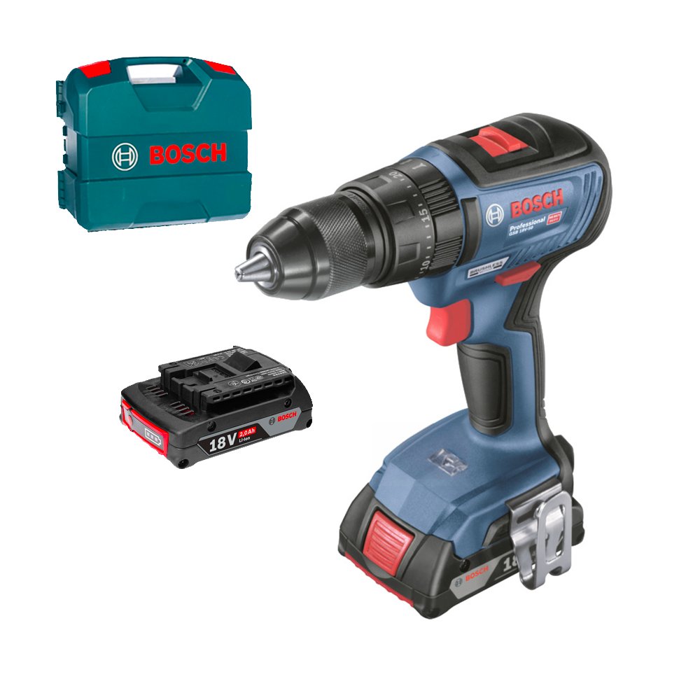 BOSCH GSB 18V-50 Masina de gaurit cu percutie brushless cu 2 acumulatori Li-Ion, 2Ah, 50Nm, cu incarcator de 2Ah GAL18V-20 in Va