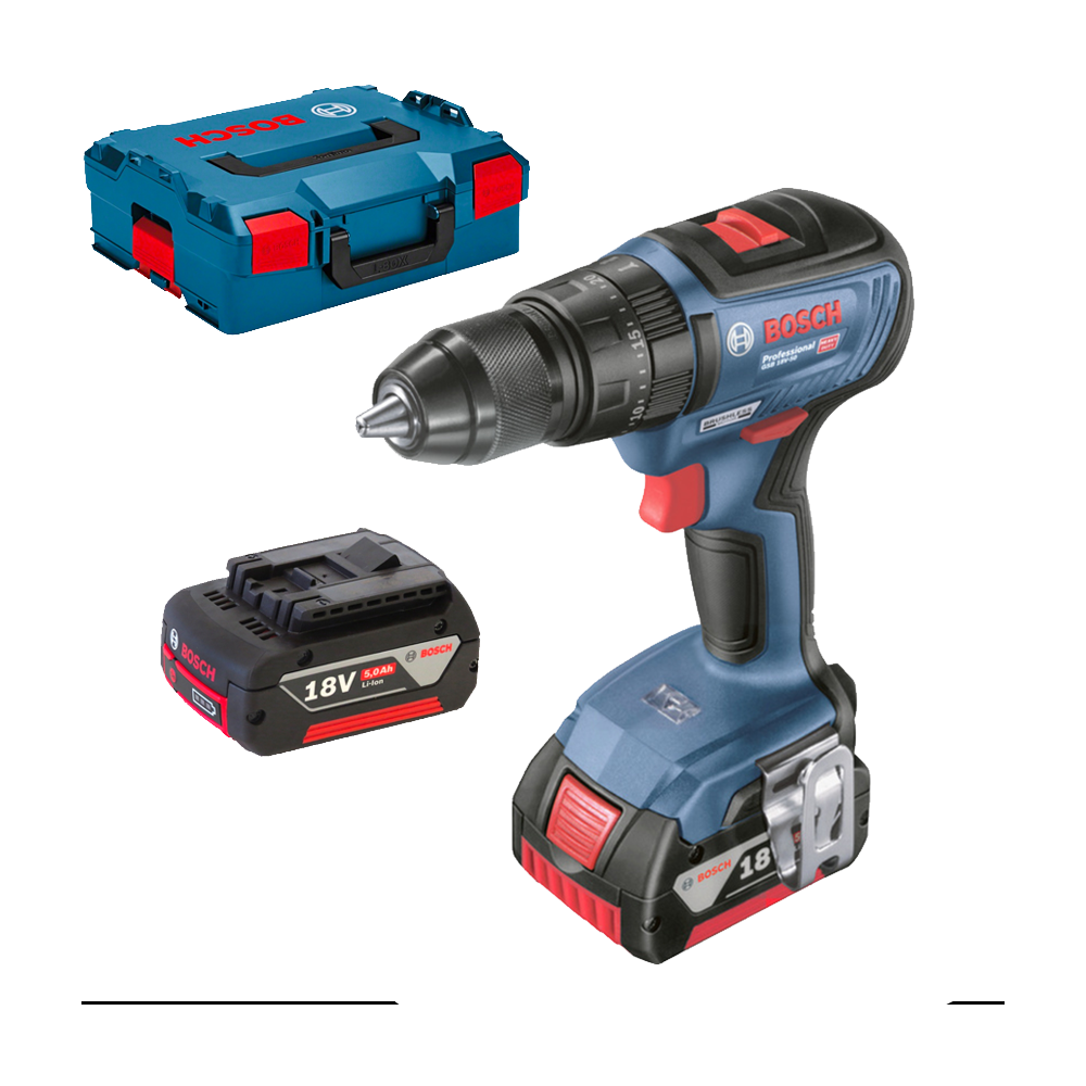 BOSCH GSB 18V-50 Masina de gaurit cu percutie brushless cu 2 acumulatori Li-Ion, 5Ah CoolPack, 50Nm, cu incarcator rapid de 8Ah