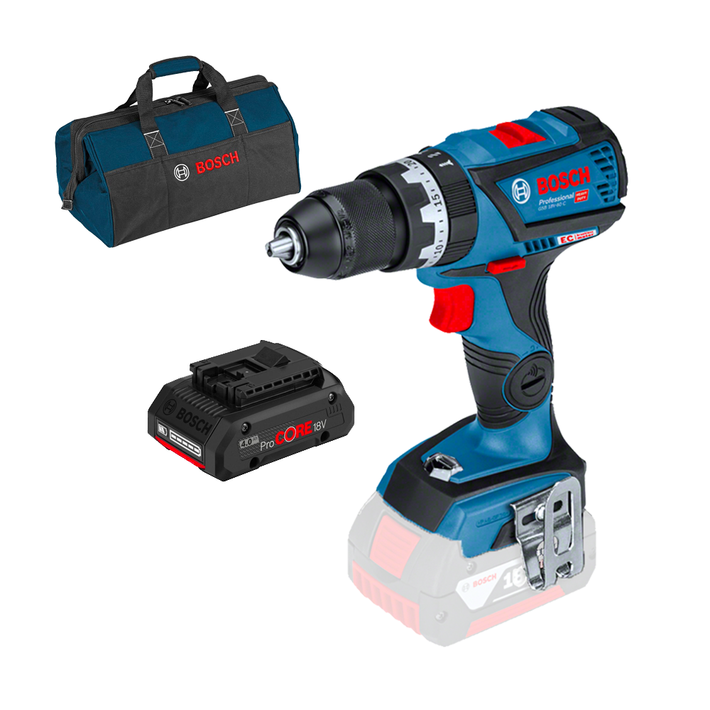 BOSCH GSB 18V-60 C Masina de gaurit cu percutie brushless, Li-Ion, 60Nm + Acumulator 4Ah ProCore (Fara incarcator!) + Geanta tex