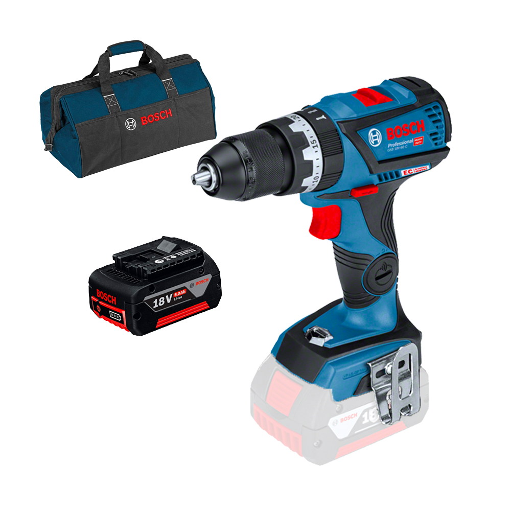 BOSCH GSB 18V-60 C Masina de gaurit cu percutie brushless, Li-Ion, 60Nm + Acumulator 5Ah CoolPack (Fara incarcator!) + Geanta te
