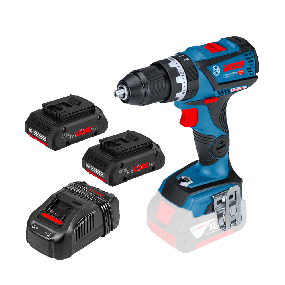 BOSCH GSB 18V-60 C Masina de gaurit cu percutie brushless, Li-Ion, 60Nm + Set 2 acumulatori 4Ah ProCore + Incarcator (Fara ambal