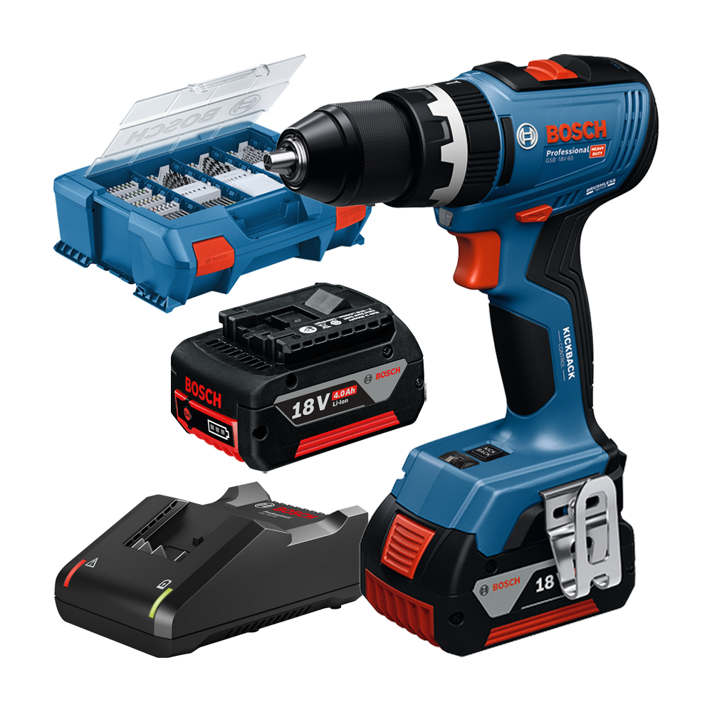 BOSCH GSB 18V-65 Masina de gaurit cu percutie brushless cu 2 acumulatori Li-Ion, 4Ah, 65Nm + Valiza L-CASE Pick & Click