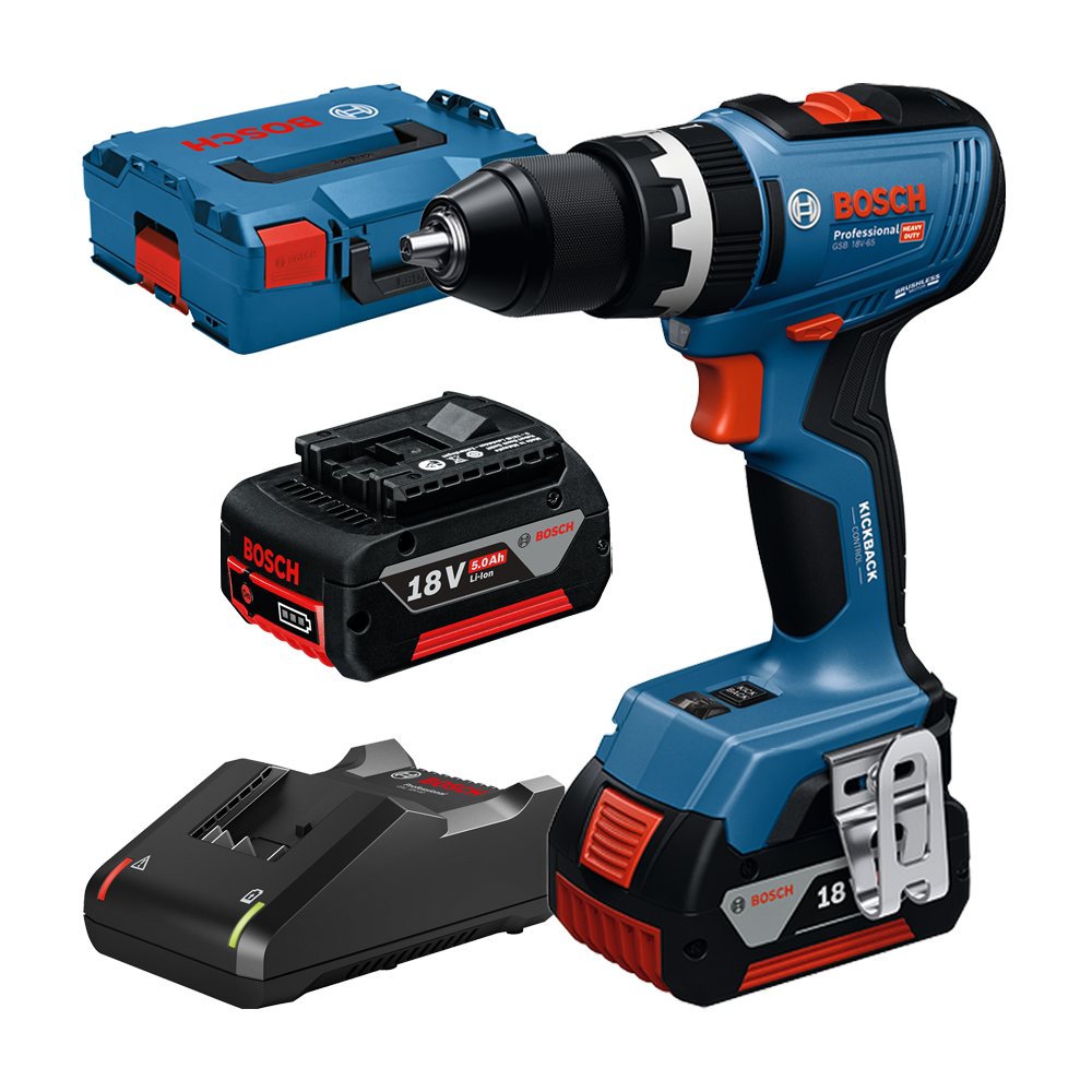 Bosch GSB 18V-65 Masina de gaurit si insurubat 18V + 2 acumulatori 5.0Ah + incarcator GAL 18V-40 + L-Boxx