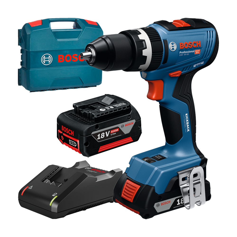 BOSCH GSB 18V-65 Masina de gaurit cu percutie brushless cu 2 acumulatori Li-Ion, unul de 2Ah si unul de 4Ah, 65Nm + Valiza L-CAS
