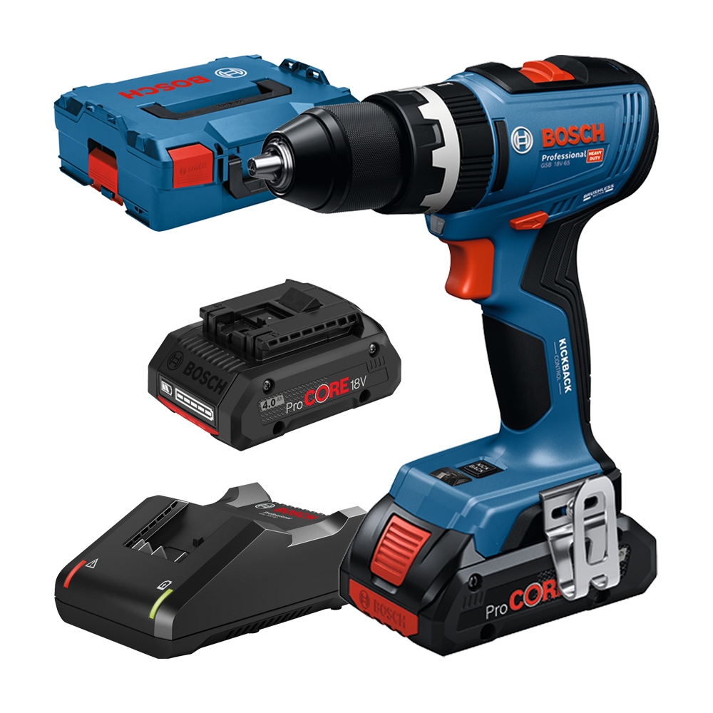 BOSCH GSB 18V-65 Masina de gaurit cu percutie brushless cu 2 acumulatori ProCore Li-Ion, 4Ah, 65Nm + Valiza L-BOXX