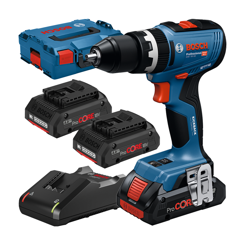 BOSCH GSB 18V-65 Masina de gaurit cu percutie brushless cu 3 acumulatori ProCore Li-Ion, 4Ah, 65Nm + Valiza L-BOXX