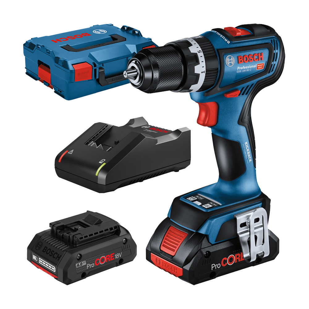 BOSCH GSB 18V-90 C Masina de gaurit cu percutie brushless cu 2 acumulatori Li-Ion, 4Ah ProCore, 64Nm + L-BOXX
