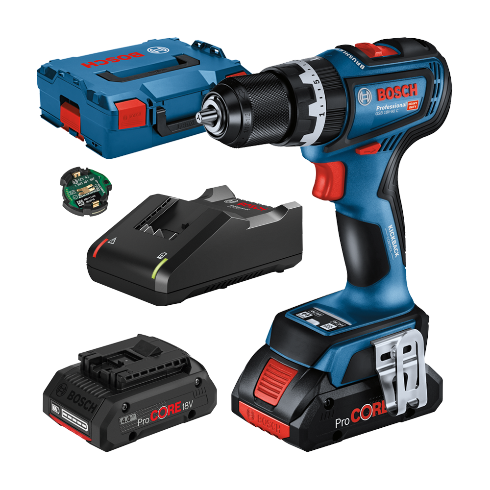 BOSCH GSB 18V-90 C Masina de gaurit cu percutie brushless cu 2 acumulatori Li-Ion, 4Ah ProCore, 64Nm + Modul GCY 42 + L-BOXX