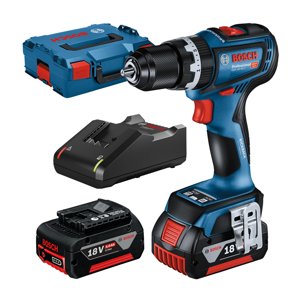 BOSCH GSB 18V-90 C Masina de gaurit cu percutie brushless cu 2 acumulatori Li-Ion, 5Ah, 64Nm + L-BOXX