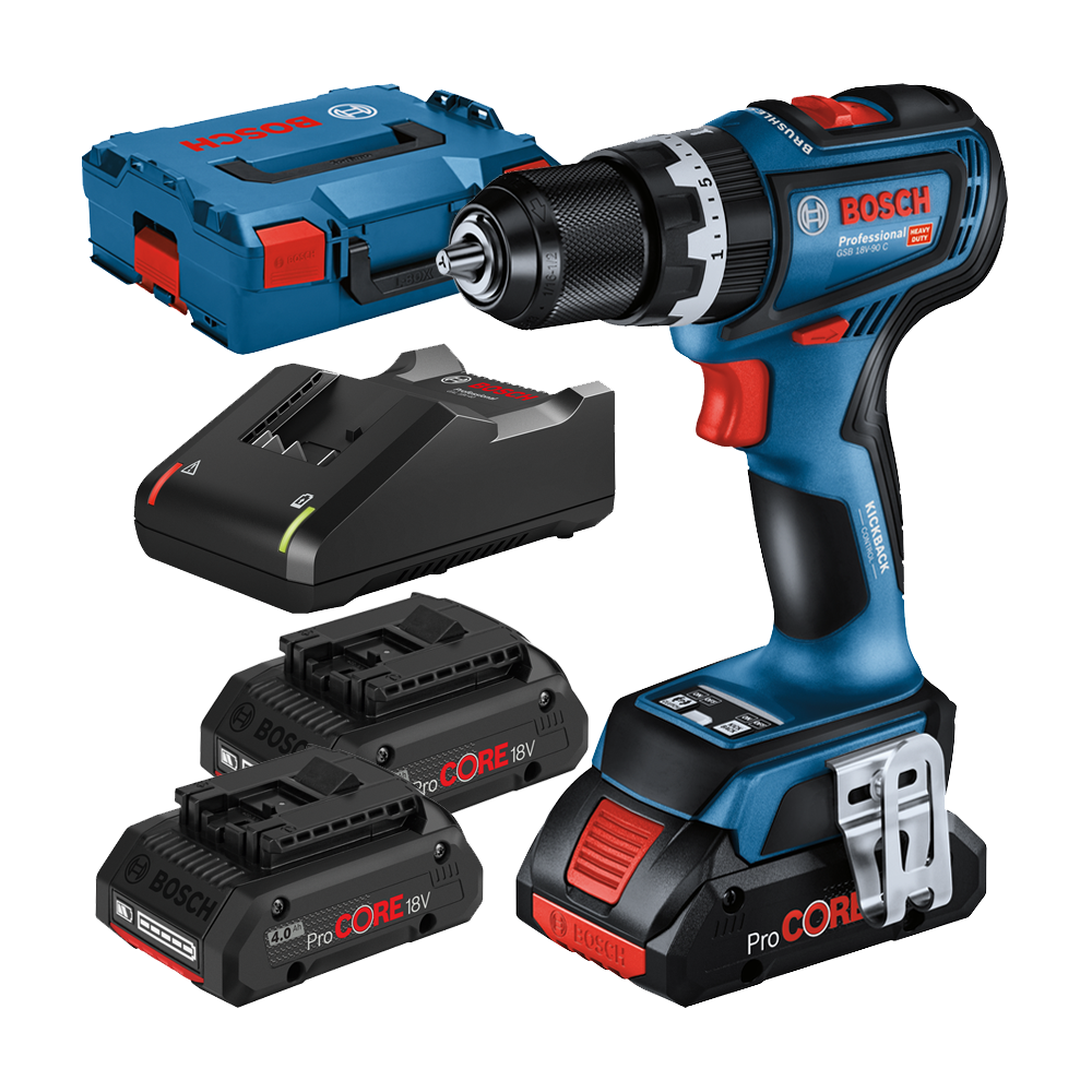 BOSCH GSB 18V-90 C Masina de gaurit cu percutie brushless cu 3 acumulatori Li-Ion, 4Ah ProCore, 64Nm + L-BOXX