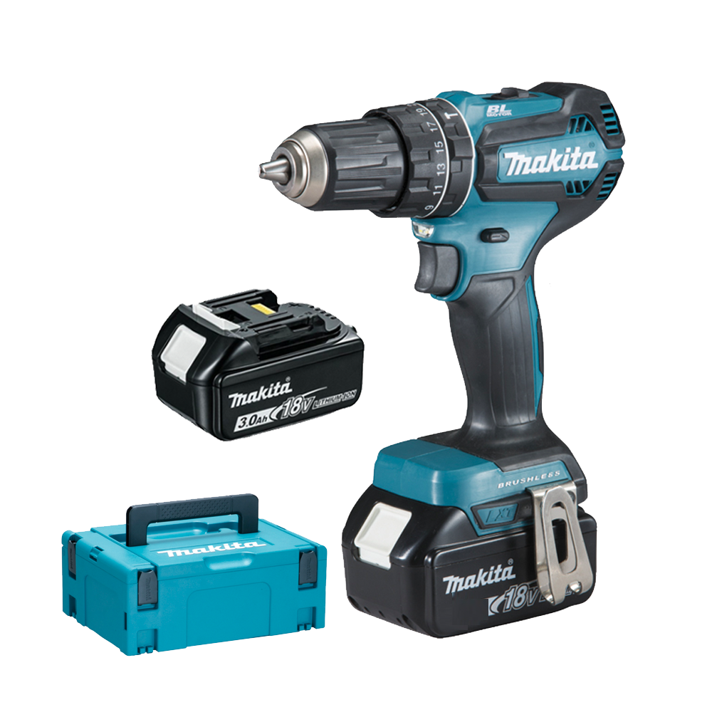 MAKITA DHP485RFJ Masina de gaurit cu percutie brushless cu 2 acumulatori Li-Ion, 18V, 3Ah, 50Nm + Makpac