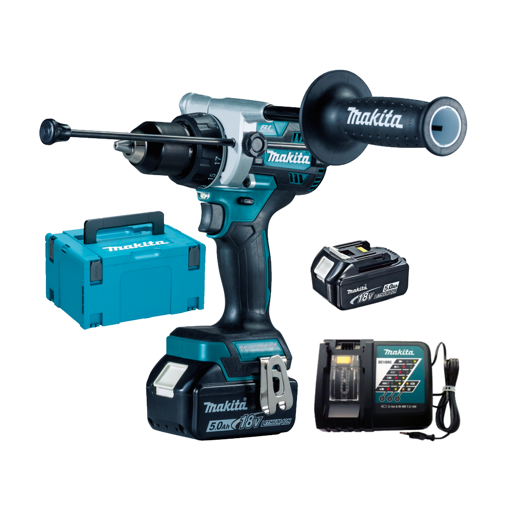 MAKITA DHP486RTJ Masina de gaurit cu percutie brushless, cu 2 acumulatori Li-Ion, 18V, 5Ah, 130Nm + MAKPAC 3