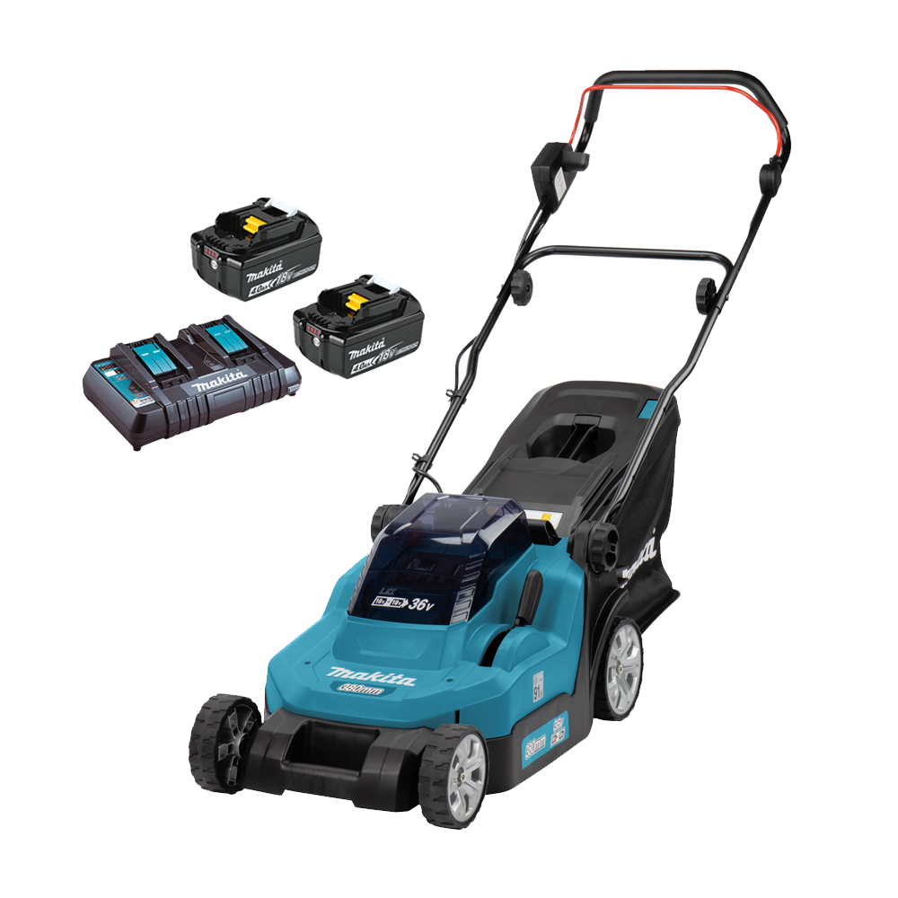 MAKITA DLM382PM2 Masina de tuns iarba cu 2 acumulatori Li-Ion, 2x18V, 4Ah, latime 38 cm + Incarcator