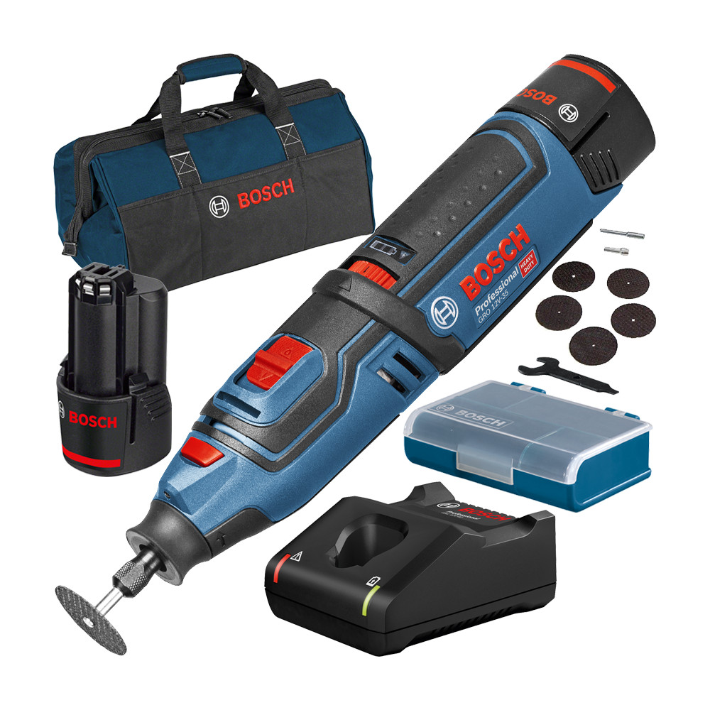 BOSCH GRO 12V-35 Multifunctional rotativ cu 2 acumulatori Li-Ion, 2Ah + Geanta textil mediu