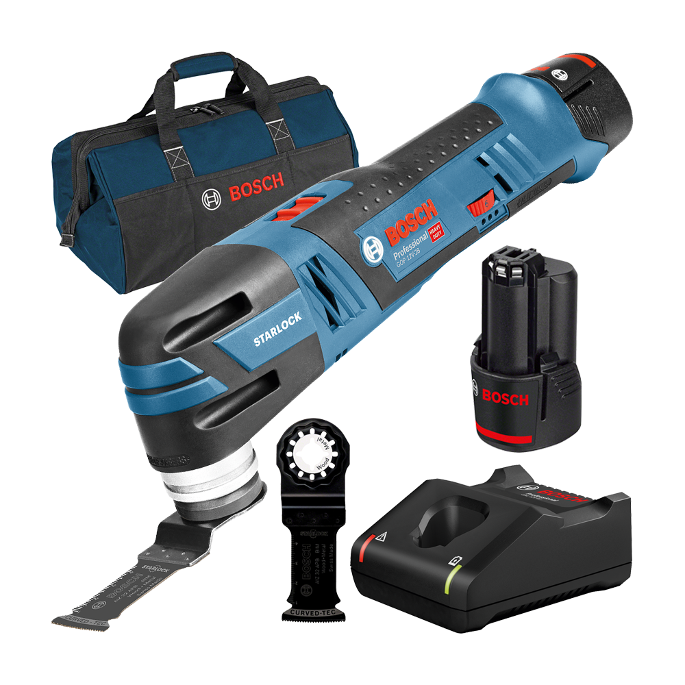 BOSCH GOP 12V-28 Multicutter brushless cu 2 acumulatori Li-Ion, 2Ah + Incarcator rapid de 4Ah GAL12V-40 + Geanta textil