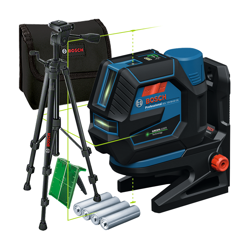 BOSCH GCL 12V-50-22 CG + RM 20 + BT 150 Nivela laser cu linii verzi (50 m) + Suport rotativ + Stativ
