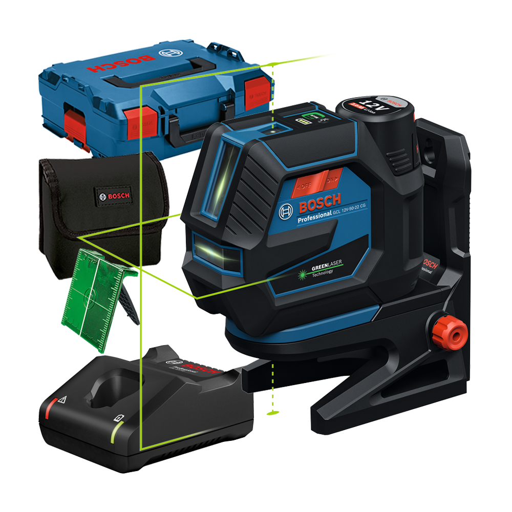 BOSCH GCL 12V-50-22 CG + RM 20 Nivela laser cu linii verzi (50 m), cu 1 acumulator Li-Ion, 2Ah + Suport rotativ + L-BOXX
