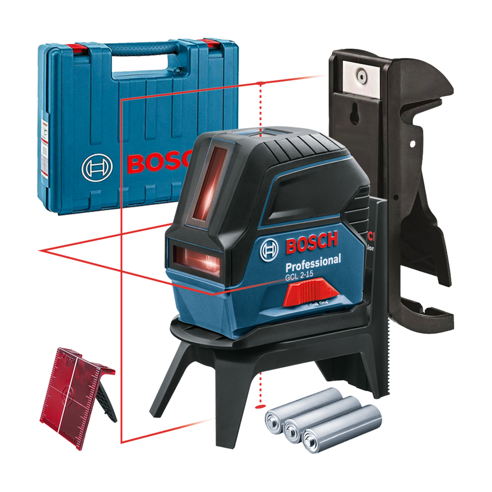 BOSCH GCL 2-15 + RM 1 Nivela laser cu linii (15 m) + Suport professional + Clema pentru tavan + Valiza