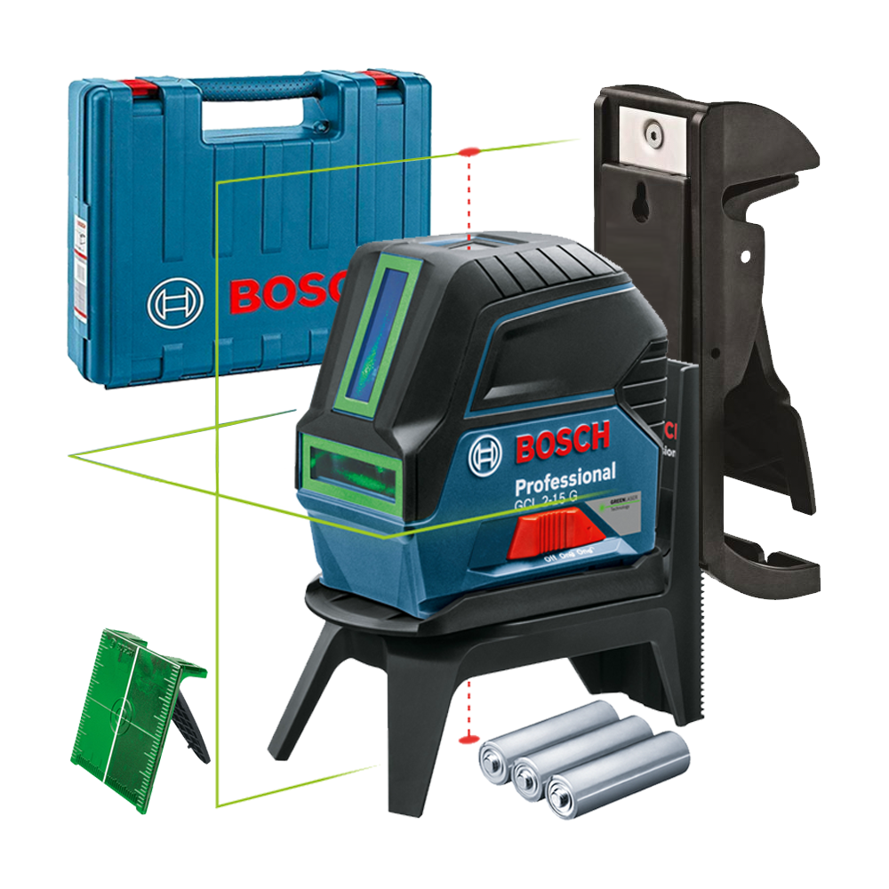 BOSCH GCL 2-15 G + RM 1 Nivela laser cu linii (15 m) + Suport professional + Clema pentru tavan + Valiza