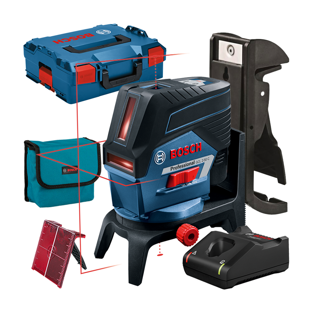 BOSCH GCL 2-50 C + RM 2 + BM 3 Nivela laser cu linii cu 1 acu 2Ah (20 m) cu Bluetooth + Suport rotativ + Suport perete + L-BOXX