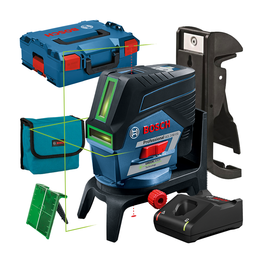 BOSCH GCL 2-50 CG + RM 2 + BM 3 Nivela laser verde cu linii (20 m) cu Bluetooth + Suport rotativ + Suport perete + 1 acumulator