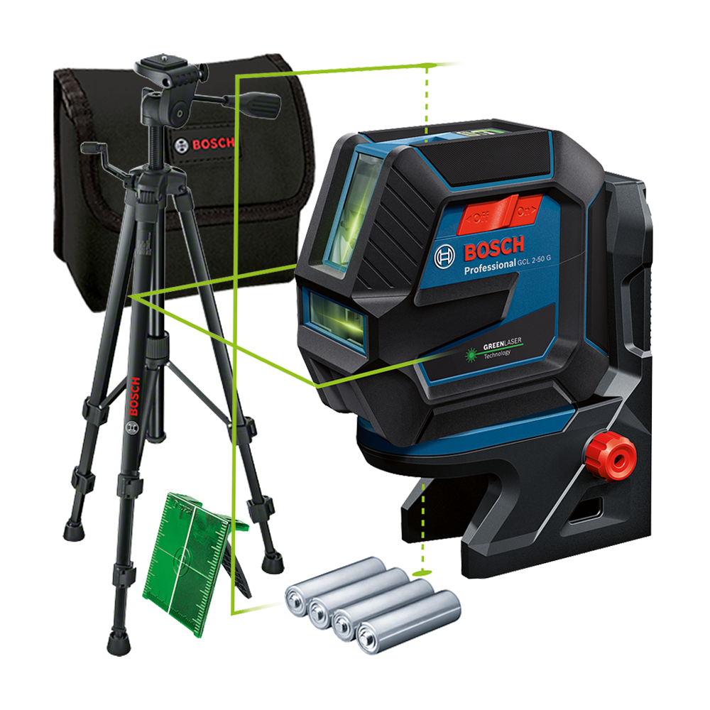 BOSCH GCL 2-50 G + RM 10 + BT 150 Nivela laser verde cu linii (20 m) + Suport professional + Stativ