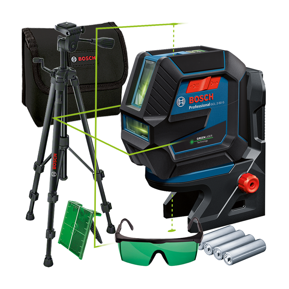 BOSCH GCL 2-50 G + RM 10 + BT 150 Nivela laser verde cu linii (20 m) + Suport professional + Stativ +  Ochelari pentru laser ver