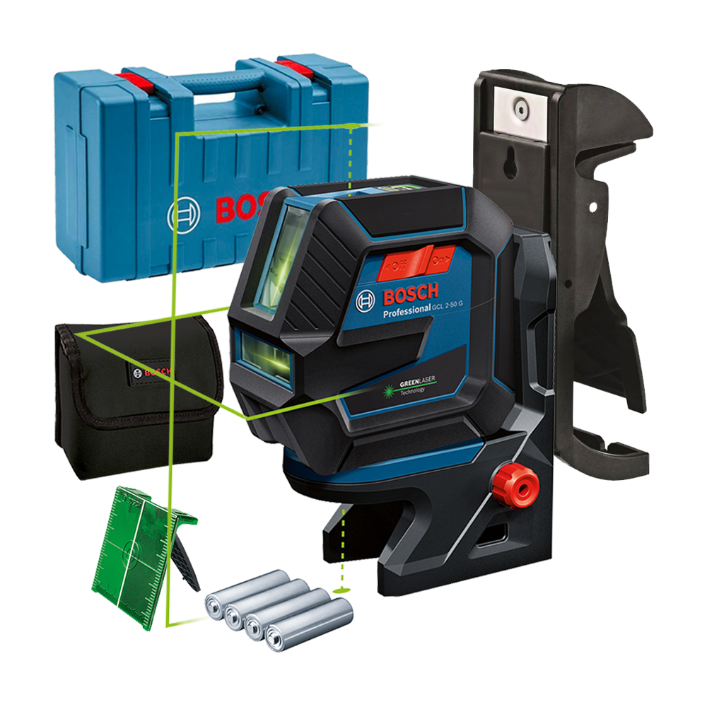 BOSCH GCL 2-50 G + RM 10 + DK 10 Nivela laser cu linii verzi (20 m) + Suport professional + Clema pentru tavan + Geanta