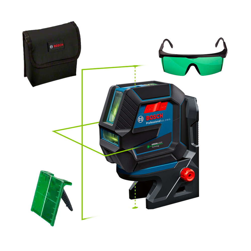 BOSCH GCL 2-50 G + RM 10 Nivela laser verde cu linii (20 m) + Suport professional +  Ochelari pentru laser verde
