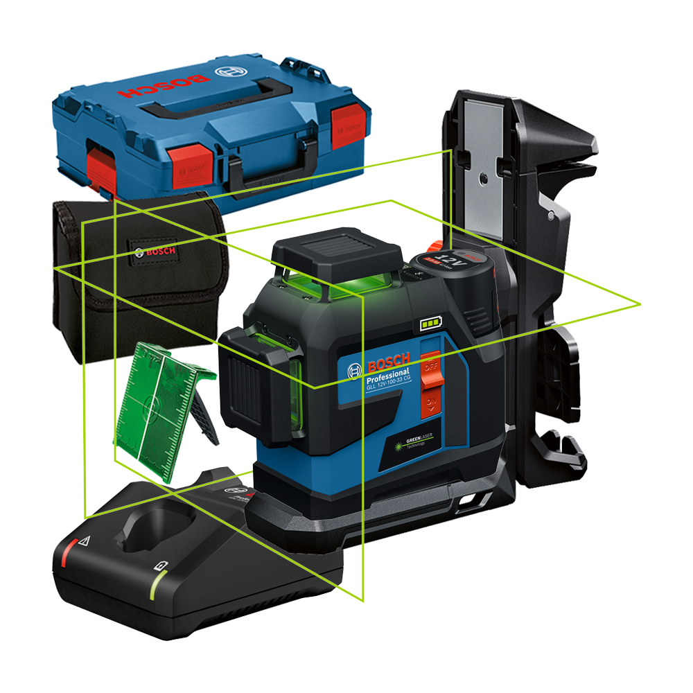 BOSCH GLL 12V-100-33 CG + LB 10 + DK 20  Nivela laser cu linii verzi (100 m), cu 1 acumulator Li-Ion, 2Ah + Suport universal + C