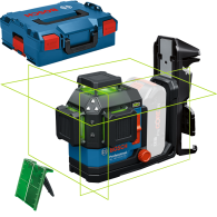 BOSCH GLL 18V-120-33 CG + DK 20 (SOLO) Nivela laser cu linii verzi (35 m) cu Bluetooth + Suport + L-BOXX