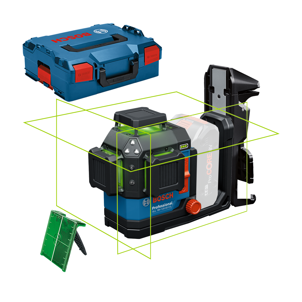 BOSCH GLL 18V-120-33 CG + DK 20 (SOLO) Nivela laser cu linii verzi (35 m) cu Bluetooth + Suport + L-BOXX