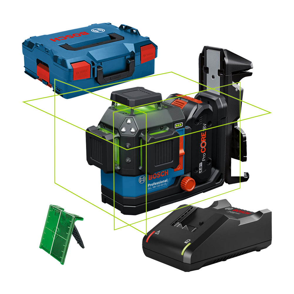 BOSCH GLL 18V-120-33 CG + DK 20 Nivela laser cu linii verzi (35 m) cu Bluetooth + Suport + 1 acumulator Li-Ion 18V, 4Ah + Incarc