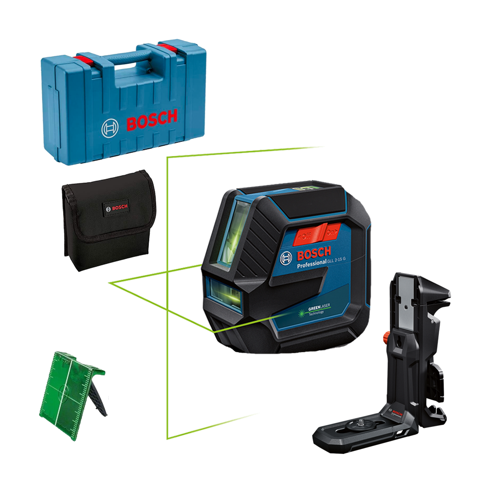 BOSCH GLL 2-15 G + LB 10 + DK 10 Nivela laser cu linii verzi (15 m) + Suport universal + Clema de prindere pe tavan + Valiza
