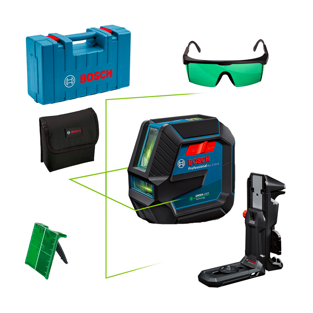BOSCH GLL 2-15 G + LB 10 + DK 10 Nivela laser cu linii verzi (15 m) + Suport universal + Clema de prindere pe tavan + Valiza +