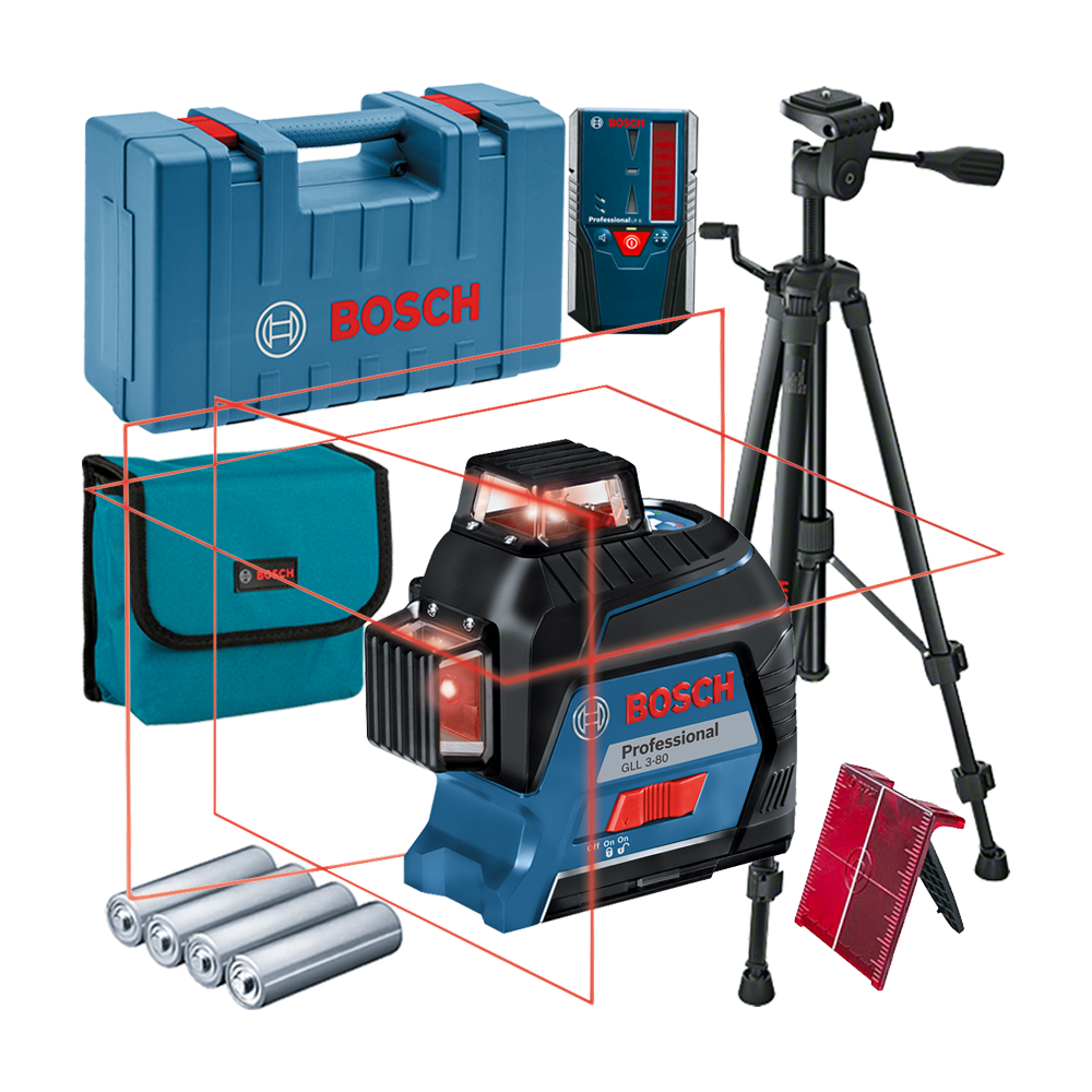 BOSCH GLL 3-80 + BT 150 Nivela laser cu linii (30 m) + Valiza + Stativ + LR 6 Receptor