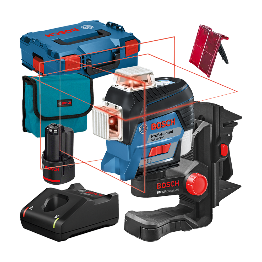 BOSCH GLL 3-80 C + BM 1  Nivela laser cu linii (30 m) + Suport + 1 acumulator 12V + L-BOXX