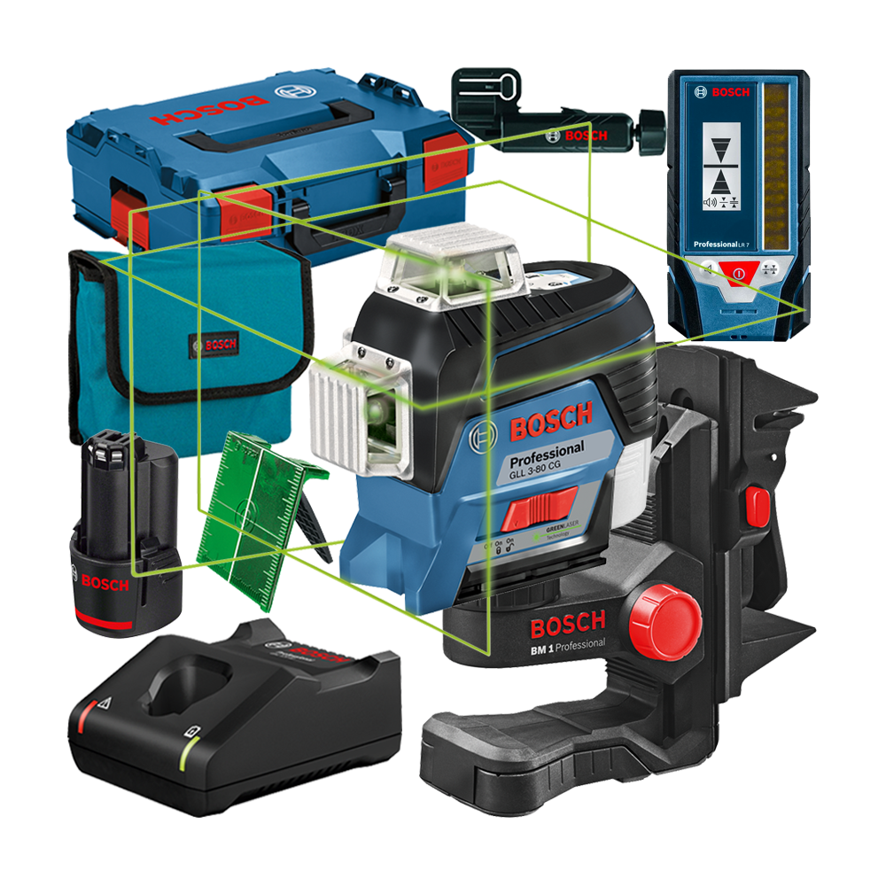 BOSCH GLL 3-80 CG + BM 1 Nivela laser cu linii verzi (30 m)  cu Bluetooth + Suport + 1 acumulator Li-Ion, 2Ah + Incarcator GAL 1