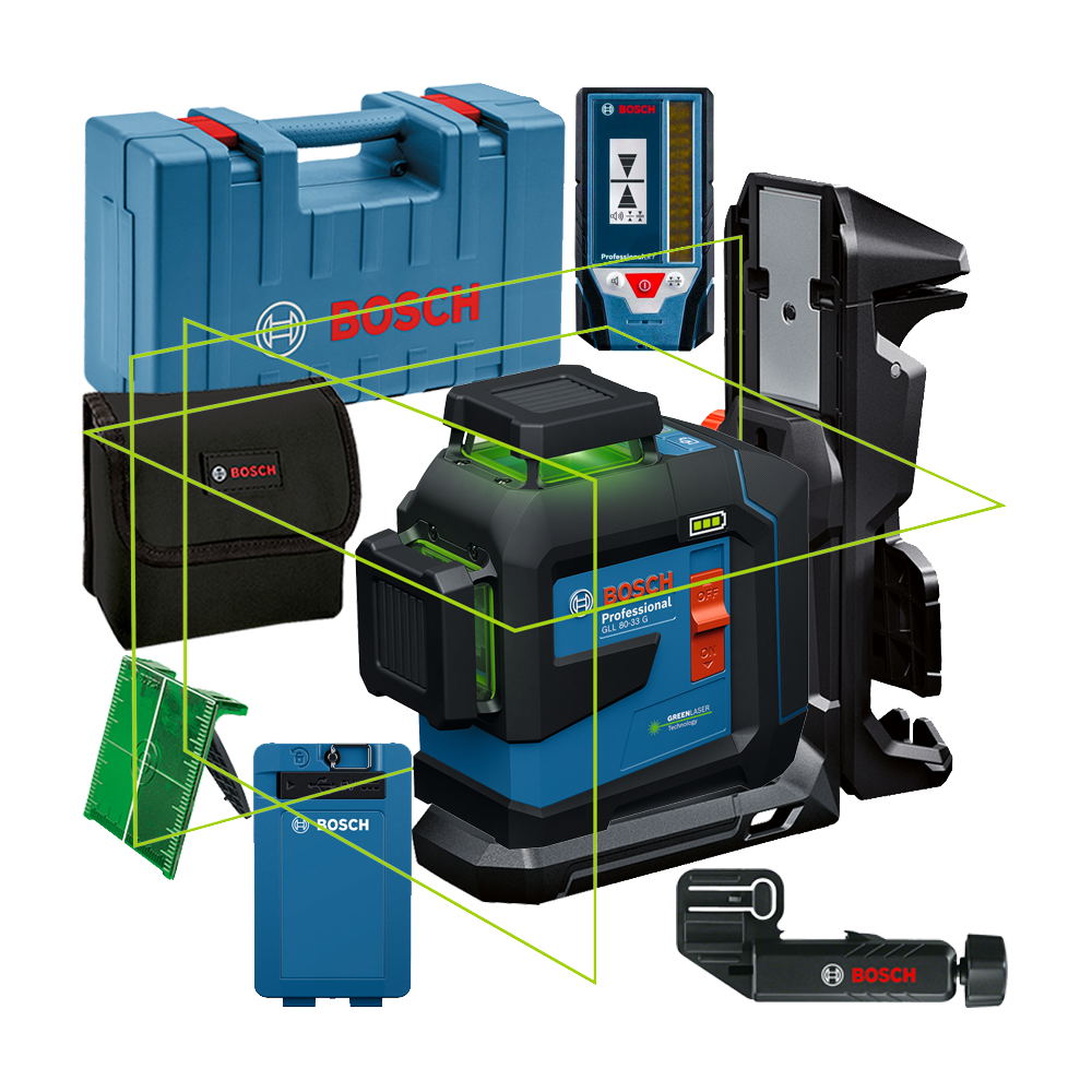 BOSCH GLL 80-33 G + LB 10 + DK 20 + LR 7 Nivela laser cu linii verzi (30 m) + Receptor + Suport + Clema + Acumulator 3.7V, 3Ah +